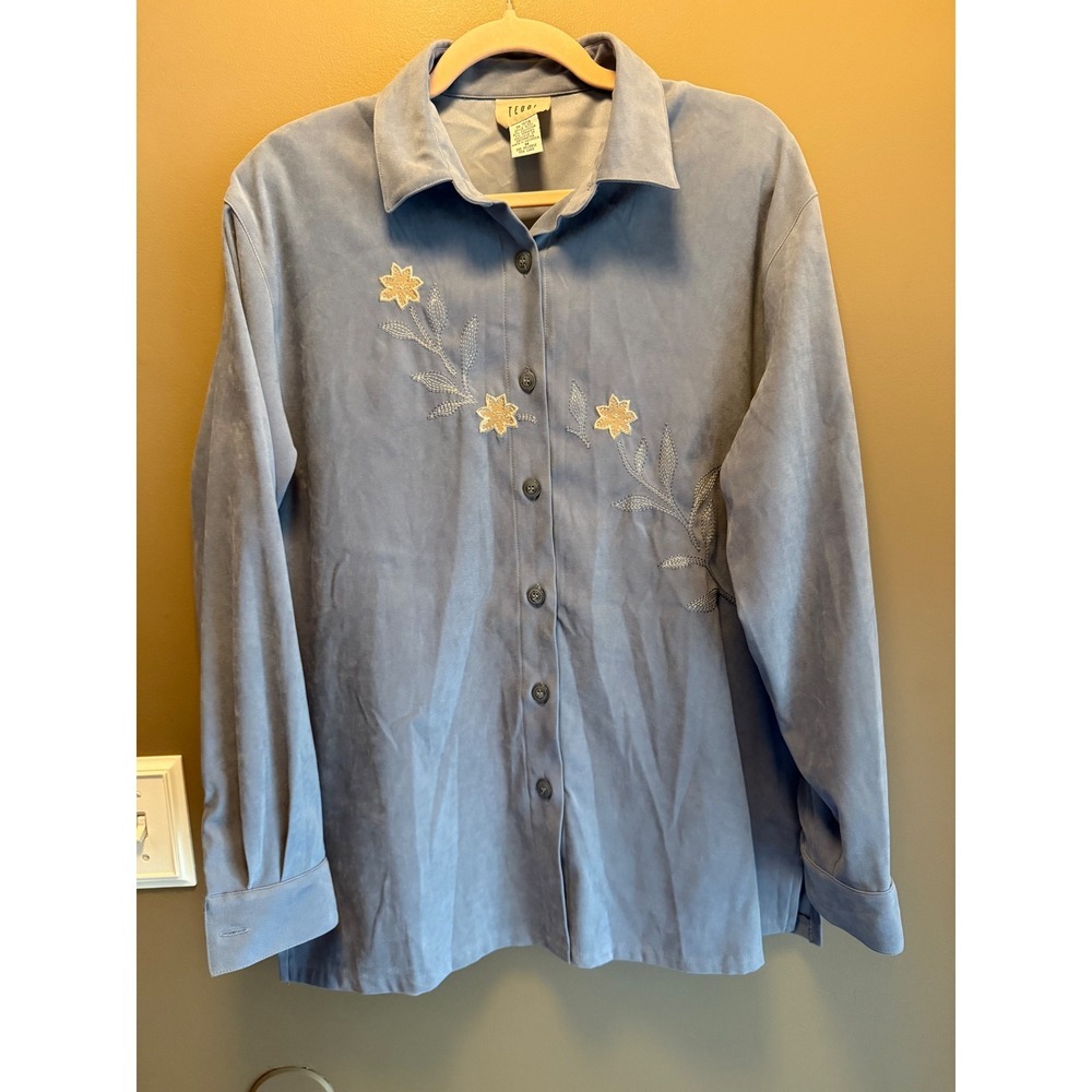 Vintage 90s Teddi Blue Brushed Floral Embroidered Button Front Blouse Top